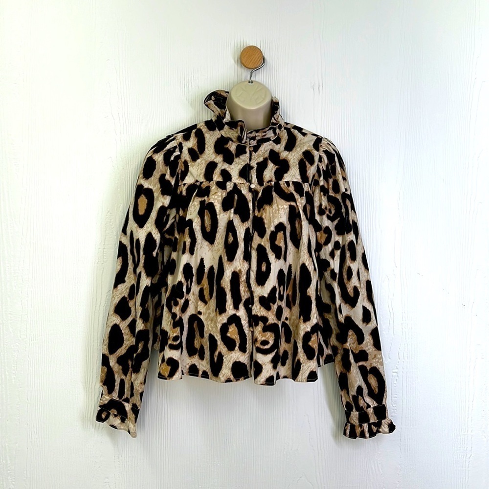 H&M - Tan And Brown Button Up Ruffle Cheetah Print Blouse Size Small